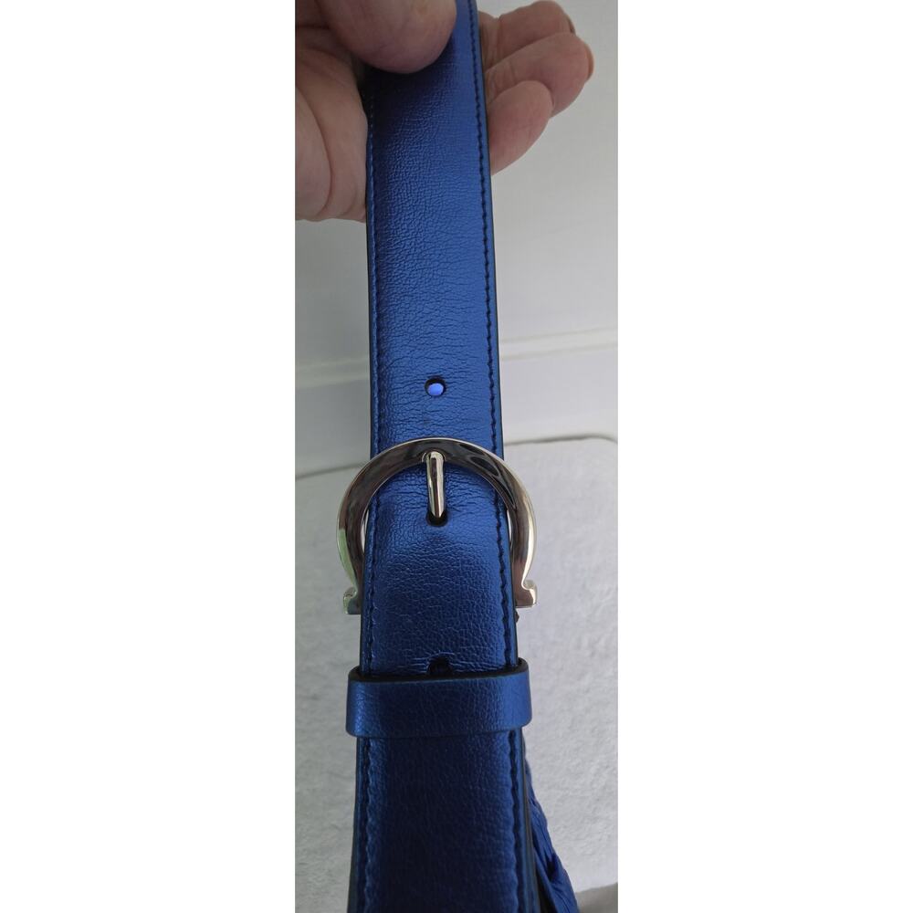 Salvatore Ferragamo Metallic Blue Leather Shoulder Bag Gancini Silver HW w/COA - Picture 4 of 11